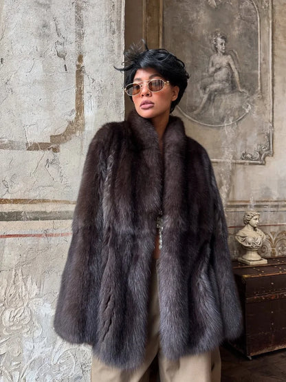 Brown Medium-length Fur Coat Women Lapel Hidden Button Loose  Elegant Outerwear 2025 Fashion Office Lady Commute Overcoat New