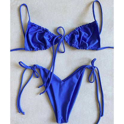 BIQIUYYI Brazilian Sexy Micro Mini Thong Bikini Set Summer Bandage Swimsuit Women Pleated Bathing Suit Beachwear Halter Biqiuni