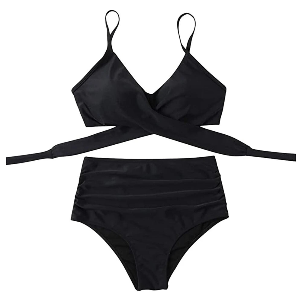 Hot 12 Colors Women Slim Bikini Sets High Waisted Sexy Swimwear 2 Pieces 2025 Solid/Floral Ruched Brazilian Swimsuit Cross Front