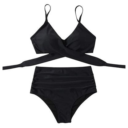 Hot 12 Colors Women Slim Bikini Sets High Waisted Sexy Swimwear 2 Pieces 2025 Solid/Floral Ruched Brazilian Swimsuit Cross Front