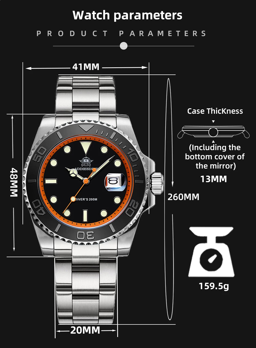 ADDIESDIVE Men's Watch BGW9 Super Luminous 316L Stainless Steel 20Bar Diving Quartz Steel Watches