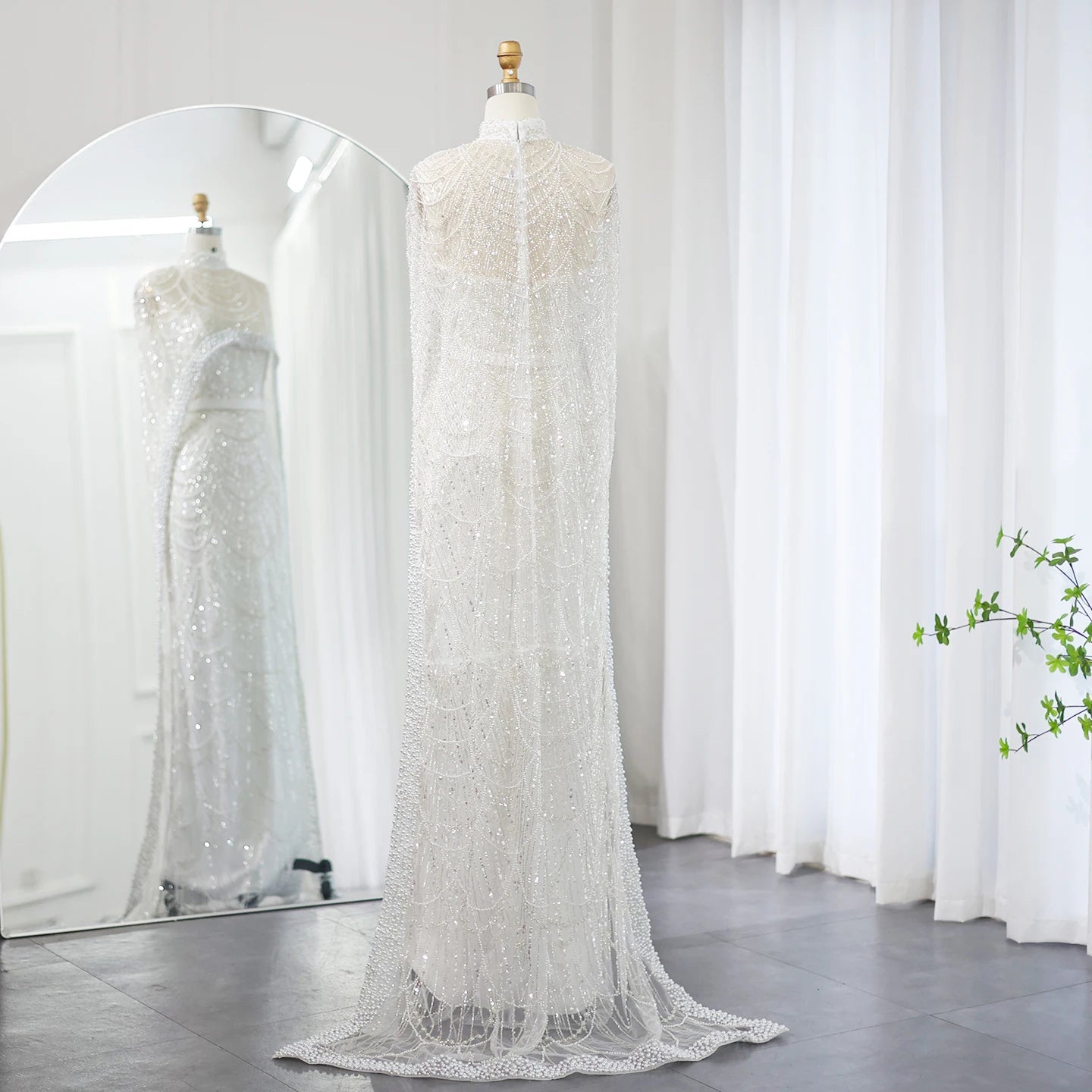 Sharon Said Luxury Pearls Dubai Champagne Evening Dresses with Cape New Arabic Women Mermaid Wedding Party Prom Dress SS369