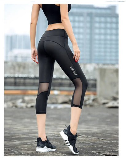 High Waist Mesh Sports Leggings Women Yoga Pants Quick Drying Capris Crop Fitness Tight Breathable Pant Running Gym Trousers