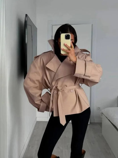 Solid Lapel Lace Up Trench Coat Women Fashion Full Sleeve Waist Cinching Short Windbreak New Autumn Office Commute Outwear 2026