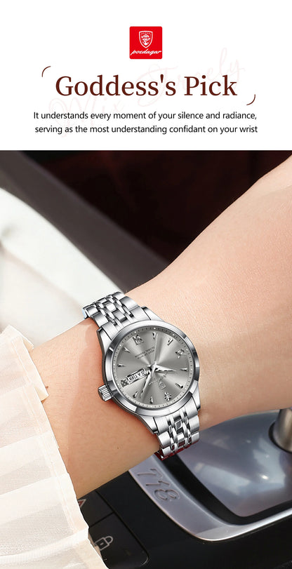POEDAGAR Elegant Woman Watch Waterproof Luminous Date Week Ladies Wristwatch Stainless Steel Quartz Fashion Women's Watches Gift