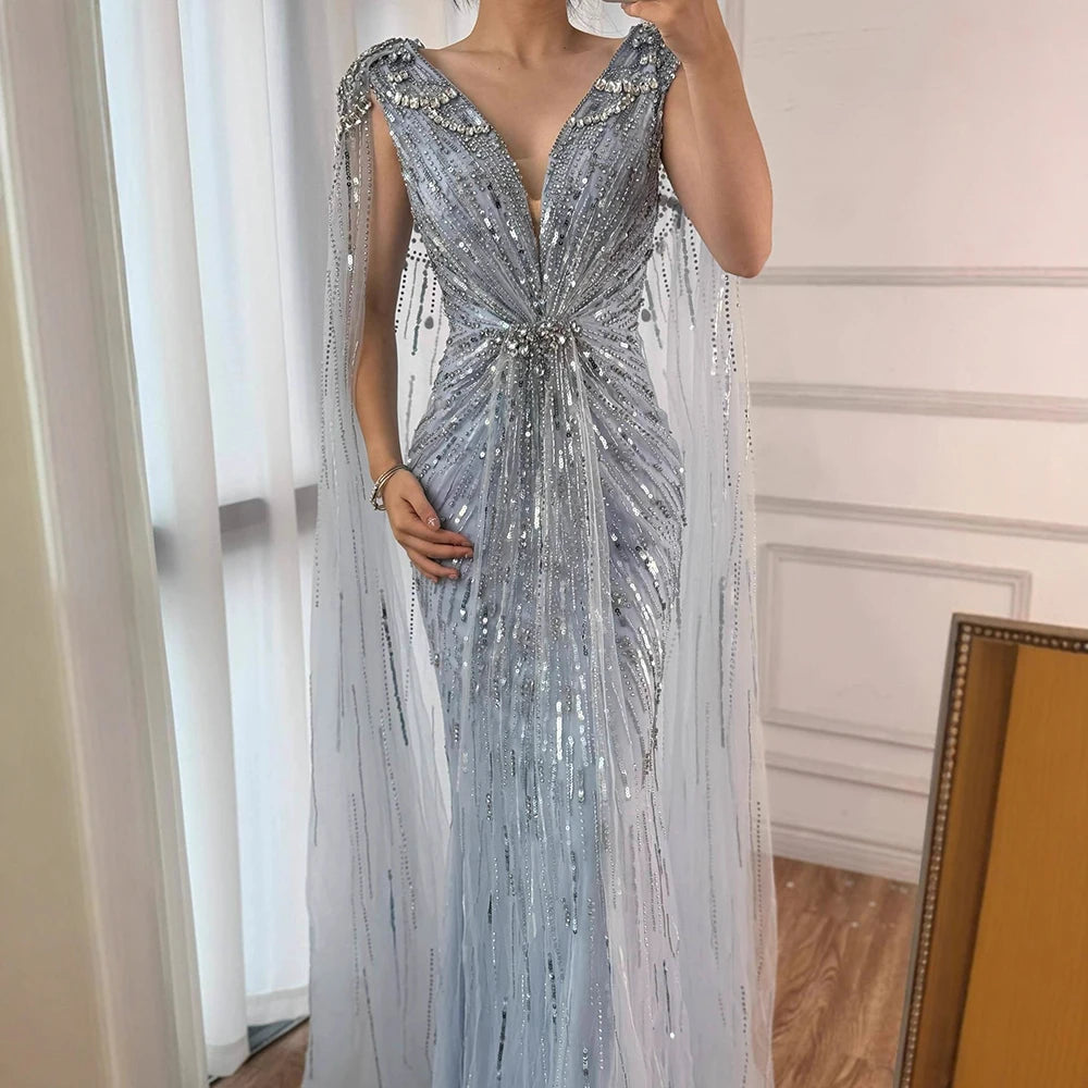 Serene Hill 2025 Turquoise Mermaid Evening Dresses Gowns With Beaded  Cape For Women's Wedding Party LA72168A Customized