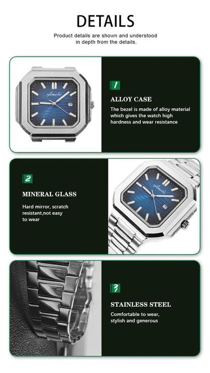 Classic Men Business Watches Fashion Square Dial Stainless Steel Strap Quartz Watch with Calendar For Luxury Mens Clock