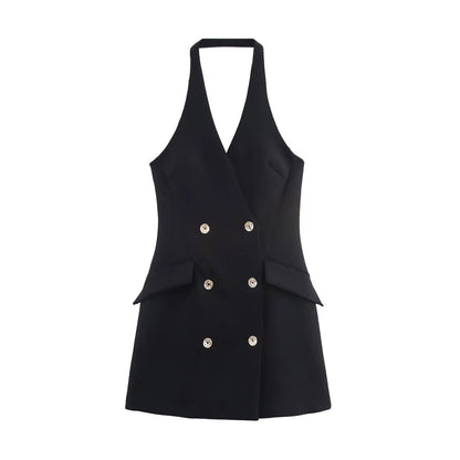 HH Female Sexy Mini Dress Grey Turn-Down Collar Sleeveless Backless Double Breasted Summer A-Line Dresses Woman New Trendy