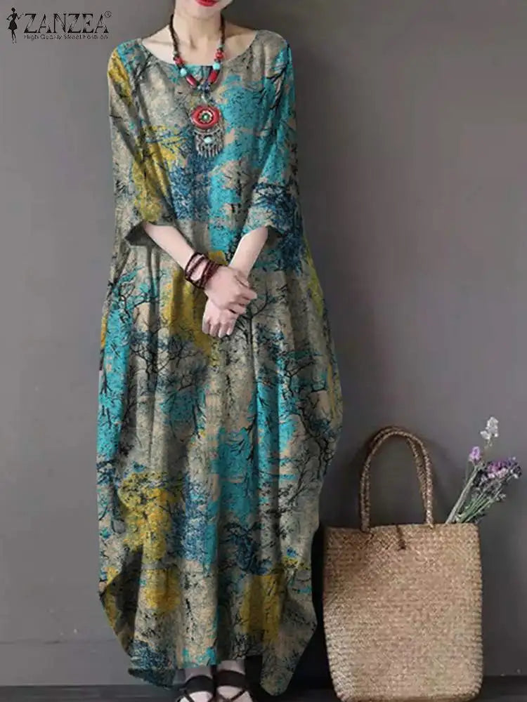 ZANZEA Bohemian Vintage Robe Women Maxi Long Dress Elegant Floral Printed Sundress Causal Loose Cotton Vestidos Autumn Dresses