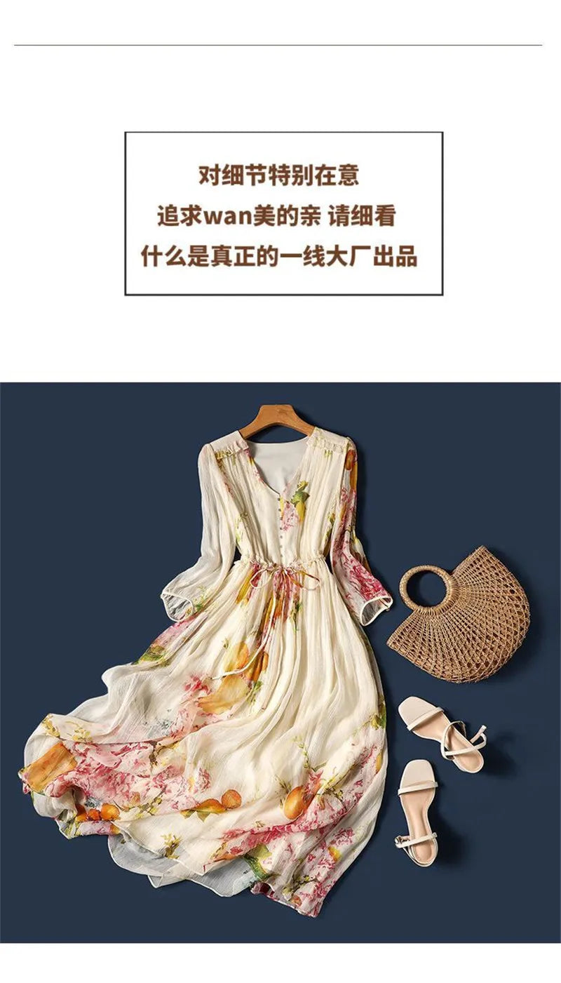Limiguyue Summer Floral Print Silk Dresses Double Layers Ruffle Beaded Button A-Line Dress Elegant Chiffon Long Vestidos Z044