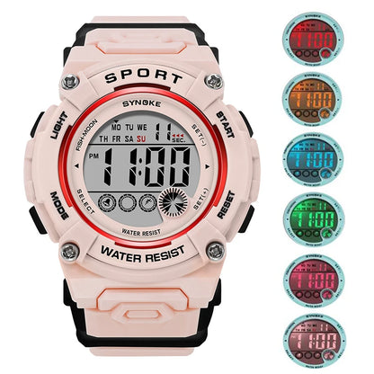 Synoke Shockproof Digital Sport's Watches Fashion PU Strap 50M Waterproof Colorful Light Led Chronograph Women's Wristwatch