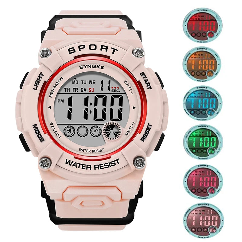 Synoke Shockproof Digital Sport's Watches Fashion PU Strap 50M Waterproof Colorful Light Led Chronograph Women's Wristwatch