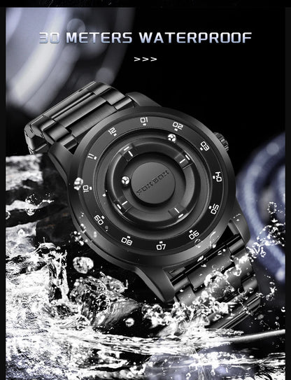 FOXBOX Personalized Mens Watches Creative Simple Floating Magnetic Pointer Quartz Wristwatch Steel Waterproof Watch for Man