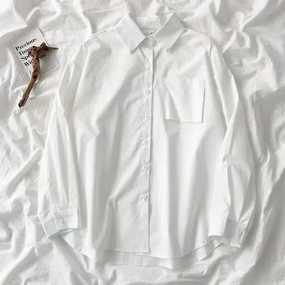 Japanese Style Loose Long Sleeve White Shirts Women Preppy Style Pocket Turn Down Collar Shirt Woman Harajuku Oversized Blouse