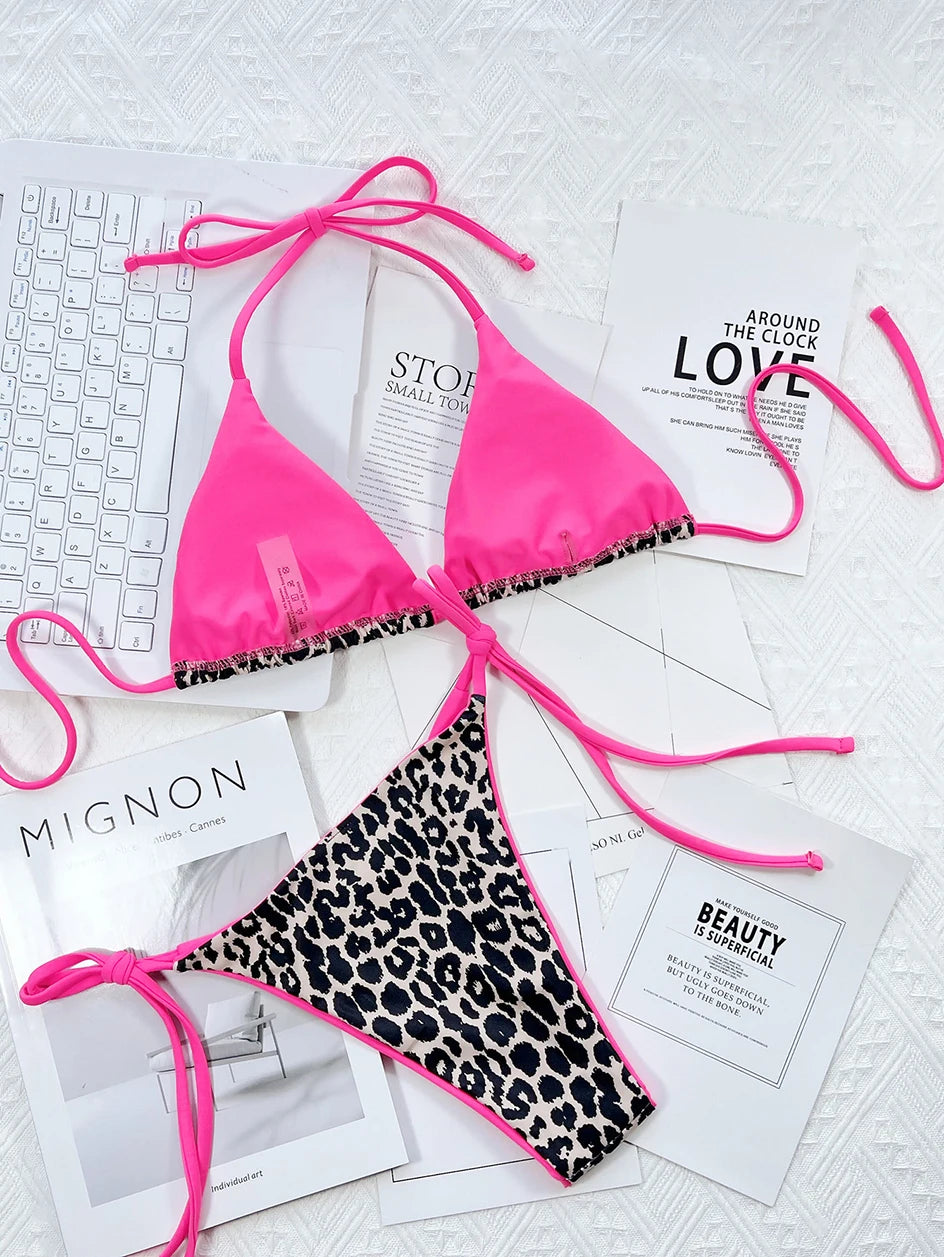 Sexy Leopard Micro Bikini 2025 Women Swimsuit Female Swimwear Thong Bikinis Set Brazilian Halter Beach Wear Lace Up Bathing Suit