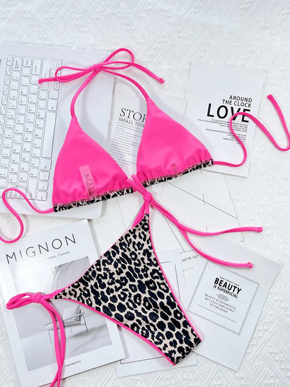 Sexy Leopard Micro Bikini 2025 Women Swimsuit Female Swimwear Thong Bikinis Set Brazilian Halter Beach Wear Lace Up Bathing Suit