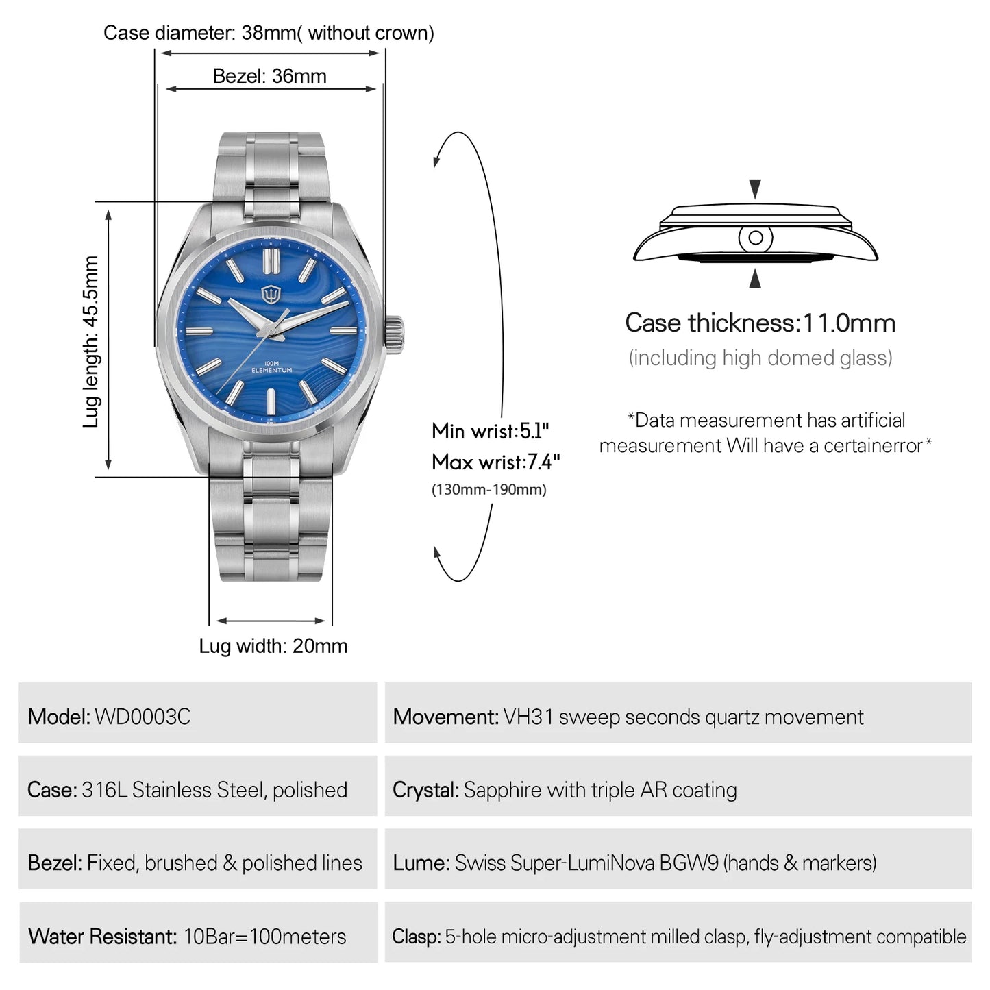Watchdives 38mm Men Quartz Watch VH31 Sweep Seconds Movement ice Crystal Titanium Waterproof Watches WD0003B WD0003C WD0003D