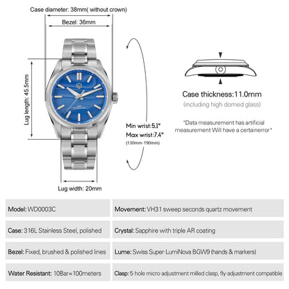 Watchdives 38mm Men Quartz Watch VH31 Sweep Seconds Movement ice Crystal Titanium Waterproof Watches WD0003B WD0003C WD0003D
