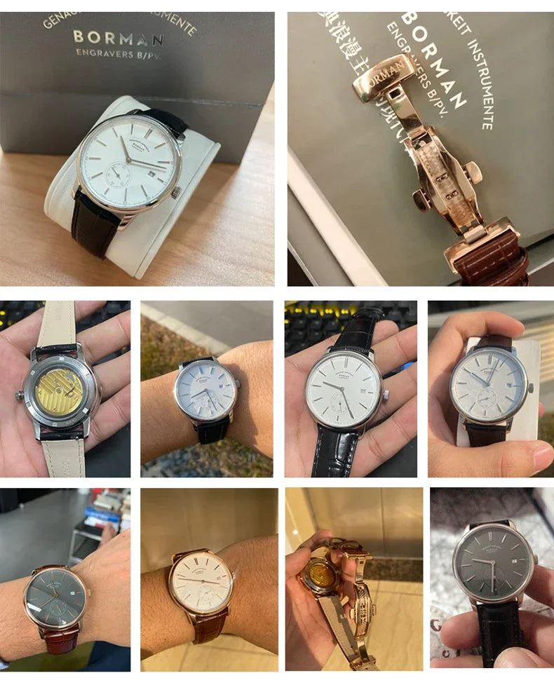 BORMAN Luxury Mens Automatic Mechanical Watch Rose Gold Case Sub Dial Sport Watches Genuine Leather High Quality Gentleman Clock