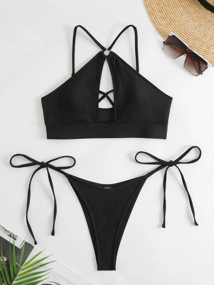 2025 Sexy Orange Bikini Hollow Out Push Up Two-Piece Swimsuit Women Halter Bandage Backless Thong Swimwear Summer Beachwear New