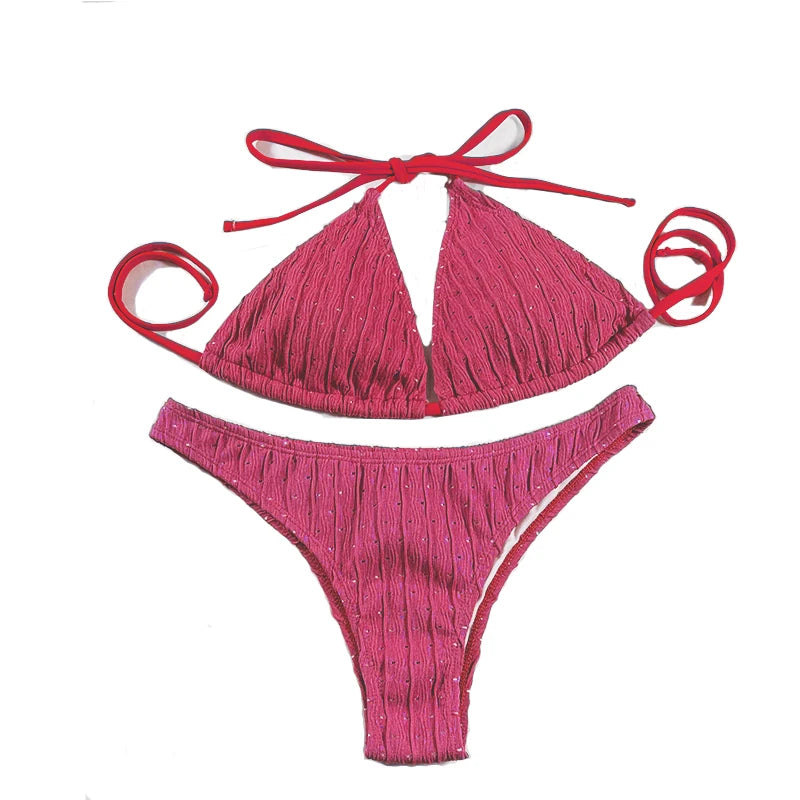 Sexy 2025 Jacquard Drawstring Two Piece Swimsuit Female Swimwear Women Bikini Set Bather Swimming Beachwear for Bathing Suit