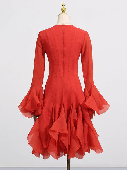 VGH Sweet Ruffles Elegant Knee Length Dresses for Women Round Neck Flare Sleeve High Waist Spliced Button  A Line Dress Female