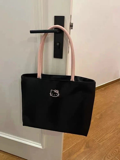 Fashionable womens HelloKitty black tote bag cute cartoon embroidery large capacity shopping bag fashionable womens shoulder bag