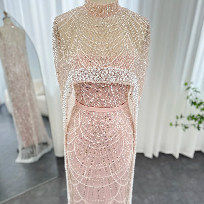 Sharon Said Luxury Pearls Dubai Champagne Evening Dresses with Cape New Arabic Women Mermaid Wedding Party Prom Dress SS369