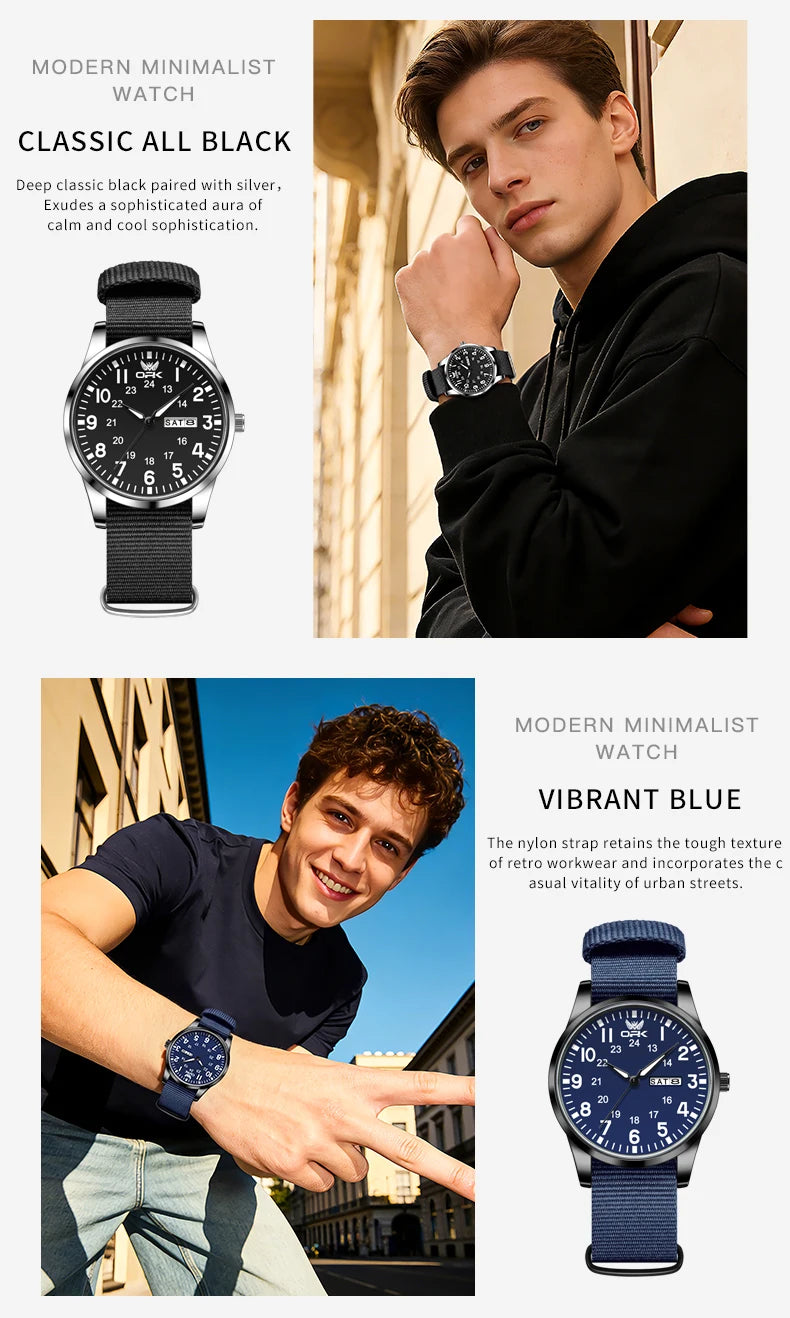 OPK 6090 Quartz Watches for Man Fashion Casual Nylon Webbing Watchband Dual Calendar Waterproof Luminous Men's Sports Watches