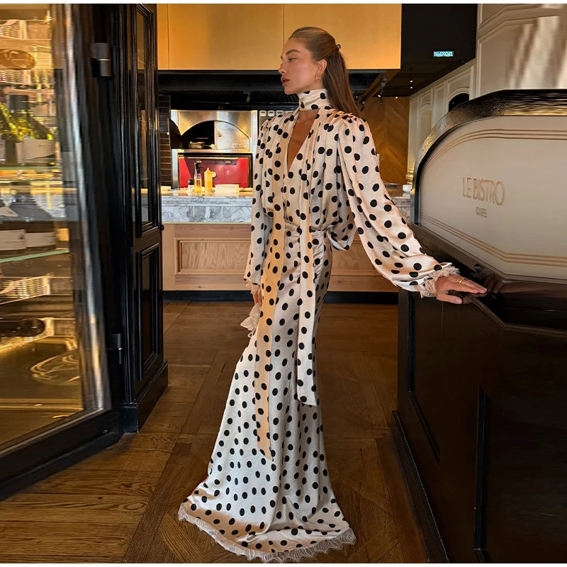 Satin Polka Dots V Neck Maxi Dress Suit Women Elegant Ribbon Full Sleeve Blouse Waist Cinching Long Skirt 2026 Lady Party Outfit