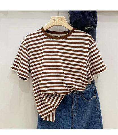 Summer Short Sleeve Striped T-Shirts Versatile Women Knitted Basic Casual Tops Female Cozy Loose Cotton Tees 2023 Harajuku Shirt