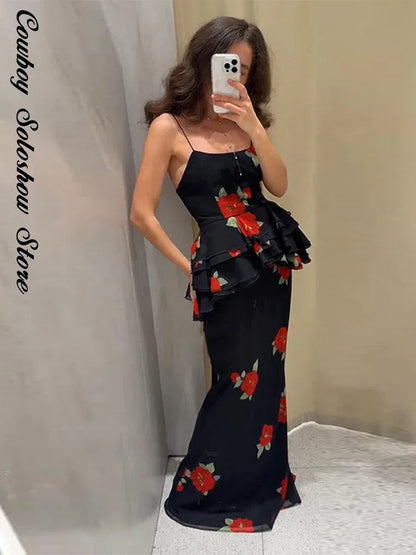 Printed Ruffle Top Skirt Set Women Slim Sling Sleeveless Backless Vest Straight Long Skirts 2025 Summer Elegant Sexy Lady Outfit