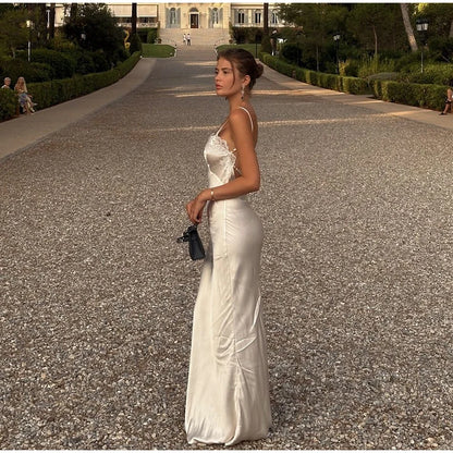 Lace Patchwork Sling Maxi Dress Women Sexy Solid V-neck Sleeveless Backless Satin Slim Long Gown Lady Chic Evening Party Dresses