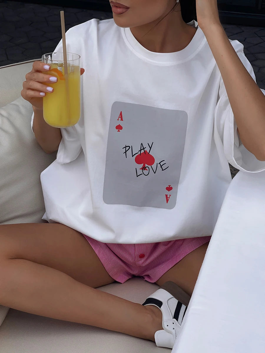 Bornladies 100% Cotton Poker Card Printed T-Shirt Women's Fashionable O-Neck Loose Short Sleeved Female Summer New Casual Top