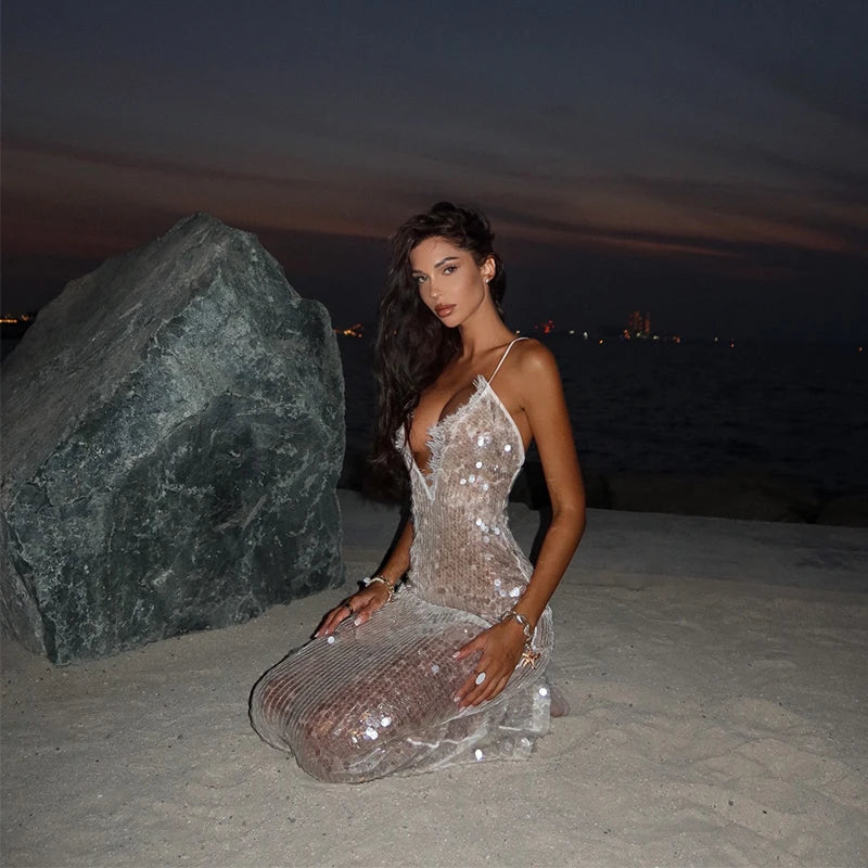Sequins Lace Splicing Dress Women's Sexy V-veck Shiny Sleeveless Backless Sling Dresses 2026 Spring Summer New Ladies Beach Robe