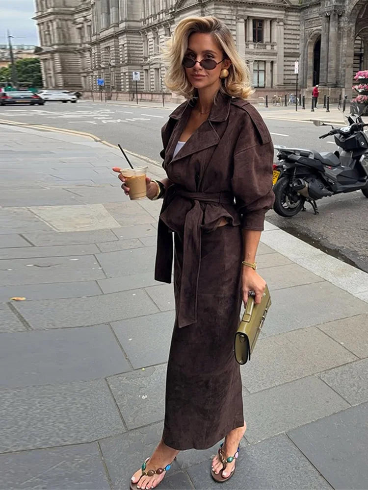 Women's Faux Suede Cropped Trench Coat Jacket Belted Notched Lapel Lace-up Retro Chic Outerwear Spring New High Street Outfit