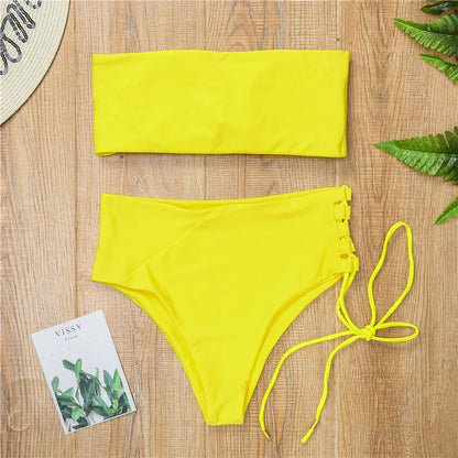 White push up swimsuit 2023 Summer beach sexy bikini set High Waist solid swimming suit for women swimwear Bandeau bathing suit