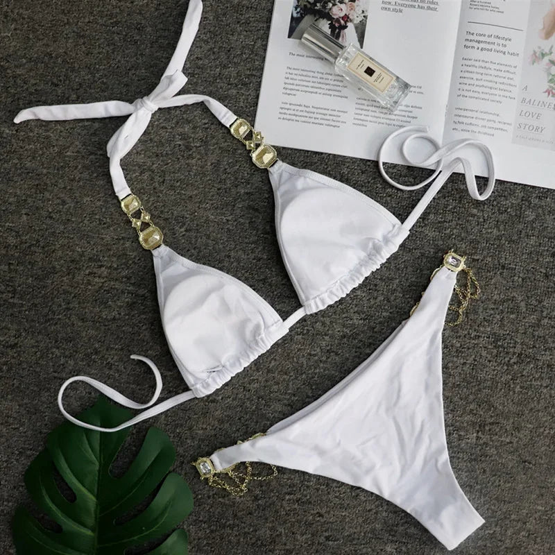 2026 Shiny Rhinestone Diamond Bikini Women Swimsuit Female Swimwear Two Pieces Bikini Set Halter Metal Chains Bathing Suit Swim
