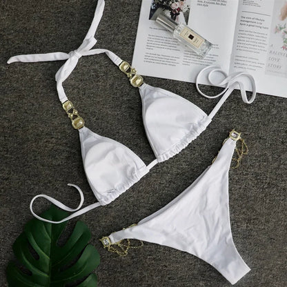 2026 Shiny Rhinestone Diamond Bikini Women Swimsuit Female Swimwear Two Pieces Bikini Set Halter Metal Chains Bathing Suit Swim