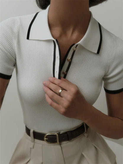 Tossy Knit Sweater Pullover Women Short Sleeve Patchwork Slim Lapel Elegant Contrast Knitwear Top Female Skinny Ribbed Pullover