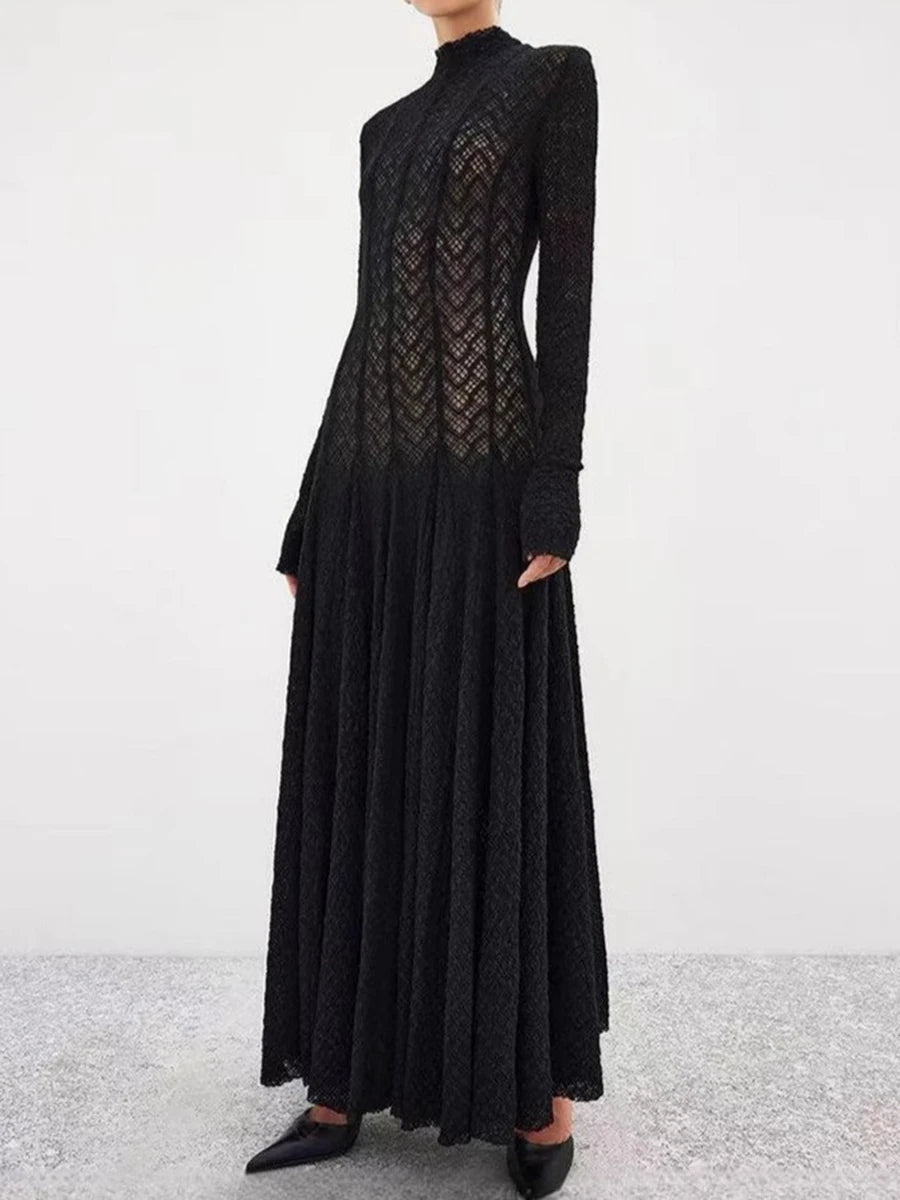 TWOTWINSTYLE Hollow Out Mesh Long Dress for Women Stand Collar Slimming Long Sleeve High Waist Chic Pleated Dresses Female New