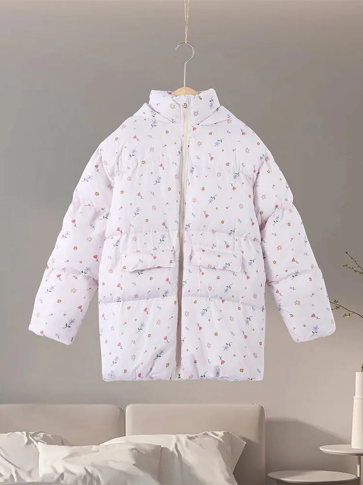 Printed Hooded Puffy Cotton Jacket Women Stand Collar Long Sleeve Zipper Loose Padded Coats 2025 Winter Lady Warm Outwear Street