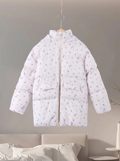 Printed Hooded Puffy Cotton Jacket Women Stand Collar Long Sleeve Zipper Loose Padded Coats 2025 Winter Lady Warm Outwear Street