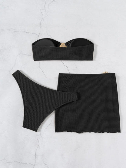 Sexy Bandeau Bikini Women Coffee Metal Water Droplet Ornament Push Up Mesh Skirt 3 Piece Swimsuit Beach Bathing Suit Swimwear