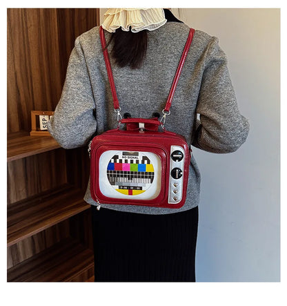 Cartoon Cute Handbags for Women Funny Retro TV Transparent Square Bag Fashion Leather Personalized Creative Shoulder Bag Woman