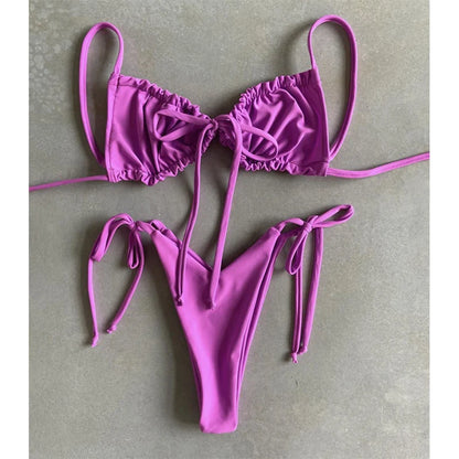 BIQIUYYI Brazilian Sexy Micro Mini Thong Bikini Set Summer Bandage Swimsuit Women Pleated Bathing Suit Beachwear Halter Biqiuni
