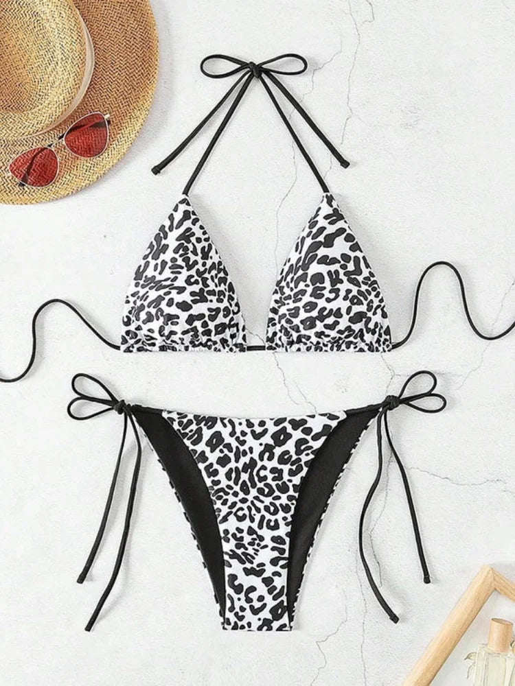 Sexy Leopard Print Two Piece Swimsuit Set Triangle Bra Suspender Halter Backless Bikini Set Beach Vacation Lace-up Swimwear 2025