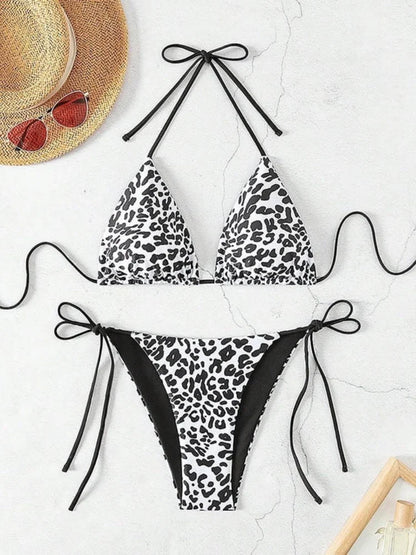 Sexy Leopard Print Two Piece Swimsuit Set Triangle Bra Suspender Halter Backless Bikini Set Beach Vacation Lace-up Swimwear 2025