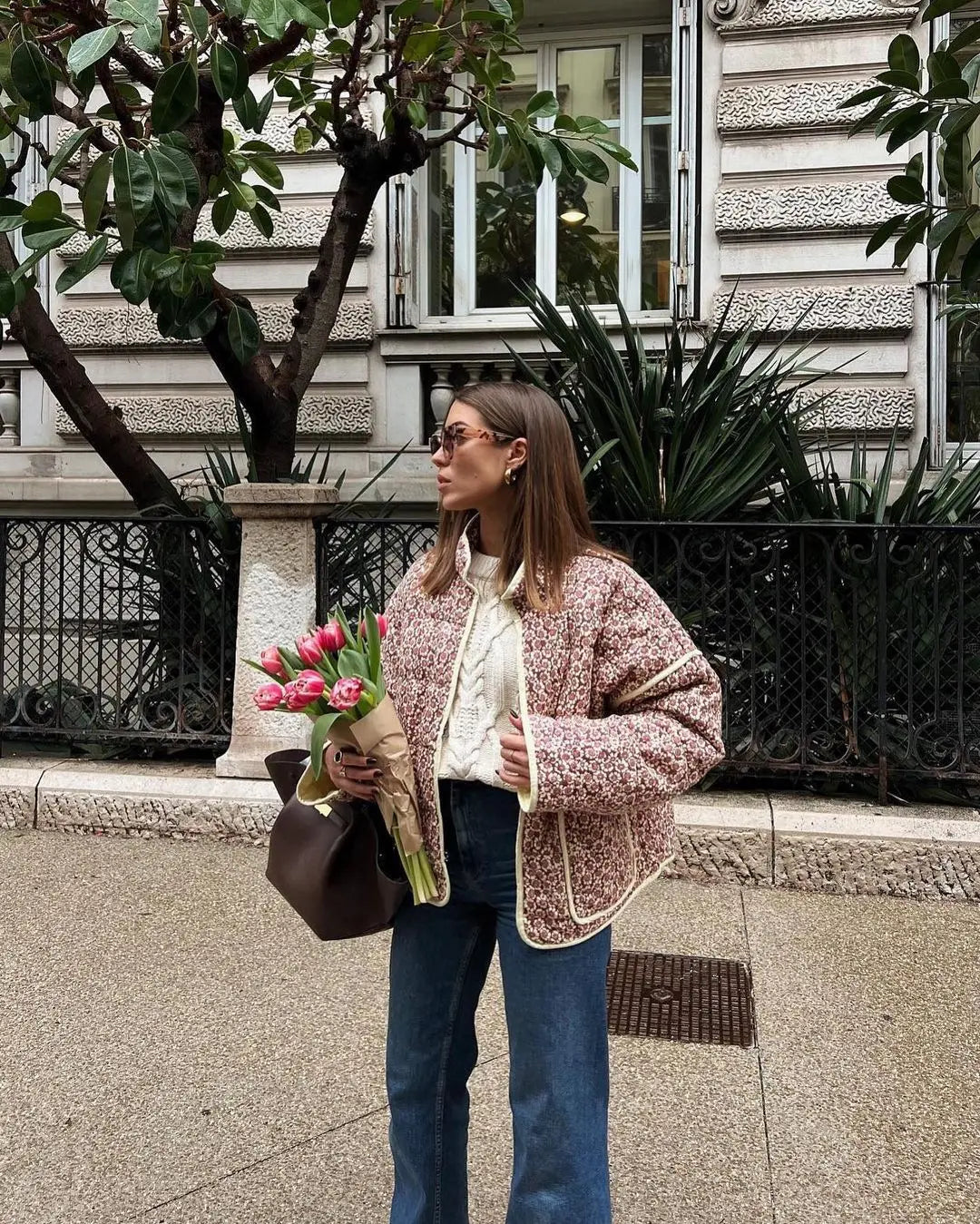 New Women's Floral/Gingham Print Lightweight Quilted Parkas Woman Long Sleeve Pockets Vintage Winter Jacket Coat Streetwear Tops