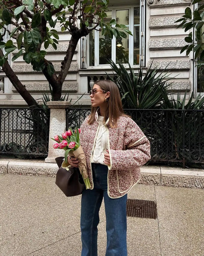 New Women's Floral/Gingham Print Lightweight Quilted Parkas Woman Long Sleeve Pockets Vintage Winter Jacket Coat Streetwear Tops
